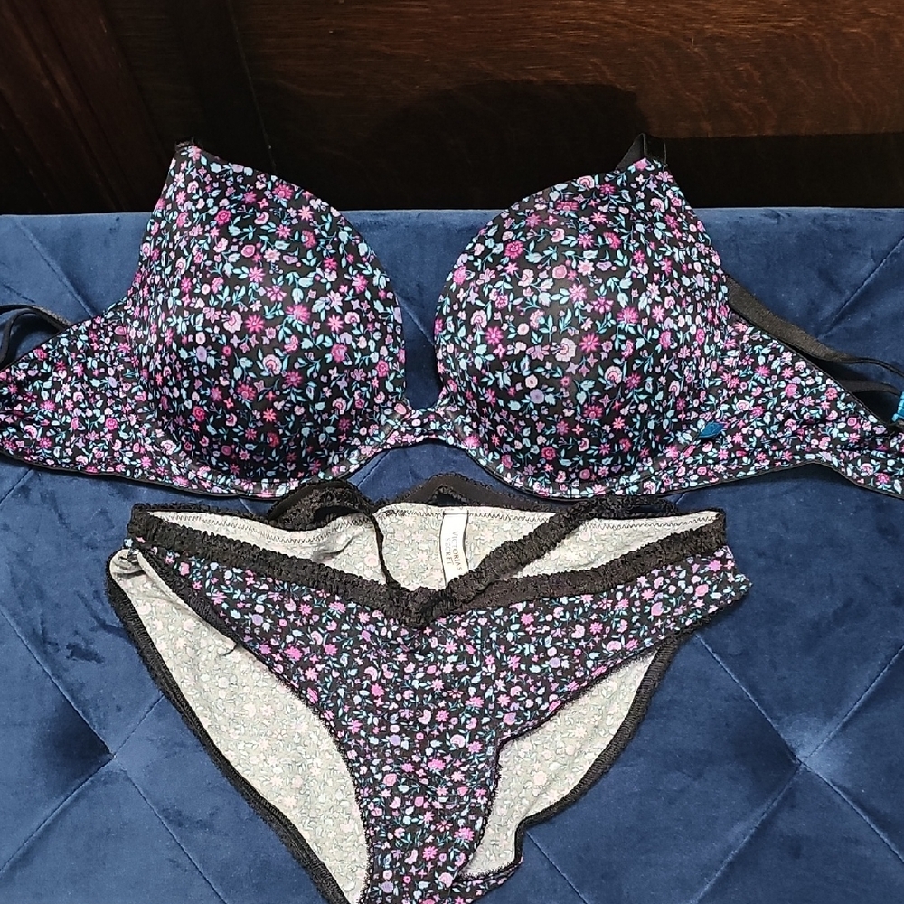 Victoria's Secret Black Floral Bra and Panty Set